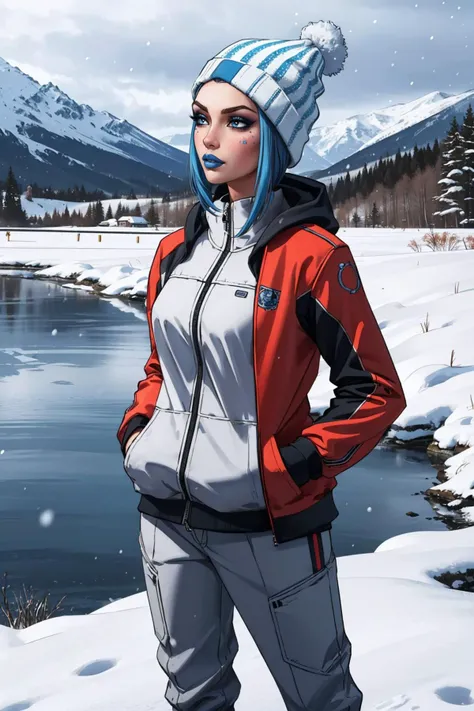 masterpiece, best quality, 1girl, solo, breasts, <lora:mayabl2-guy-v3:.85>, mayabl2, tattoo, makeup, blue lips, track suit, outdoors, snowing, snow, frozen lake, coat, beanie, hands in pockets,