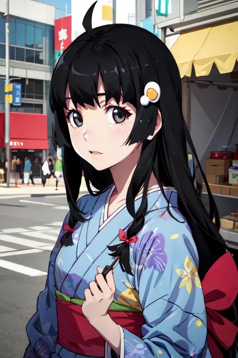 1girl, araragitsukihi, long hair, blunt bangs, indigo kimono, ahoge, hair ornament, japanese clothes, egg hair ornament, outdoors, festival, masterpiece, best quality, detailed <lora:araragi-tsukihi:0.8>