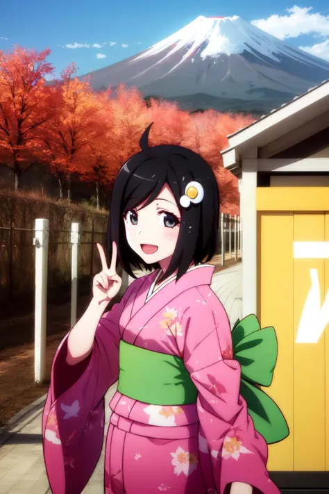 1girl, solo,
araragitsukihi, medium hair, magenta kimono, hair ornament, ahoge, japanese clothes, egg hair ornament,
smile, japan, mount fuji in the background, v, peace sign,
<lora:araragi-tsukihi-09:0.9>