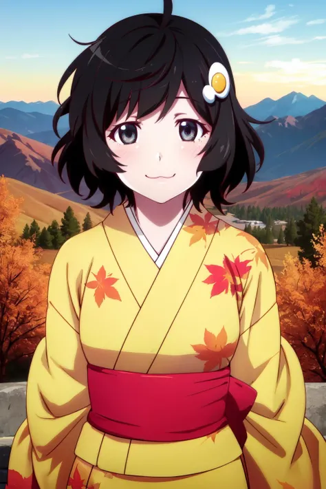 1girl, solo, looking at viewer,
araragitsukihi, short hair, messy hair, yellow kimono, hair ornament, japanese clothes, ahoge, egg hair ornament,
smile, :3, daylight, mountains, autumn, trees, sunset,
<lora:araragi-tsukihi-09:0.9>