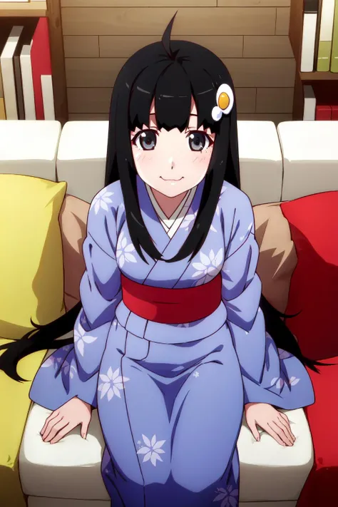 1girl, solo, looking at viewer,
araragitsukihi, long hair, blunt bangs, indigo kimono, ahoge, hair ornament, japanese clothes, egg hair ornament,
smile, daylight, sitting on couch, :3,
<lora:araragi-tsukihi-09:0.9>