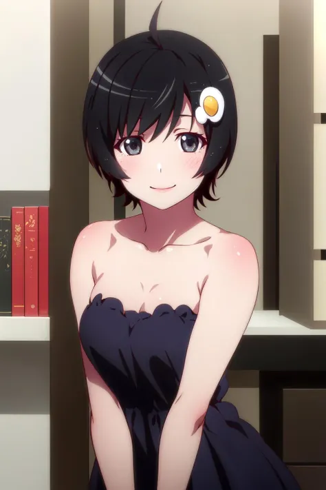 1girl, solo,
araragitsukihi, short hair,
hair ornament, ahoge, egg hair ornament,
strapless dress,
smile, upper body shot,
<lora:araragi-tsukihi:0.9>