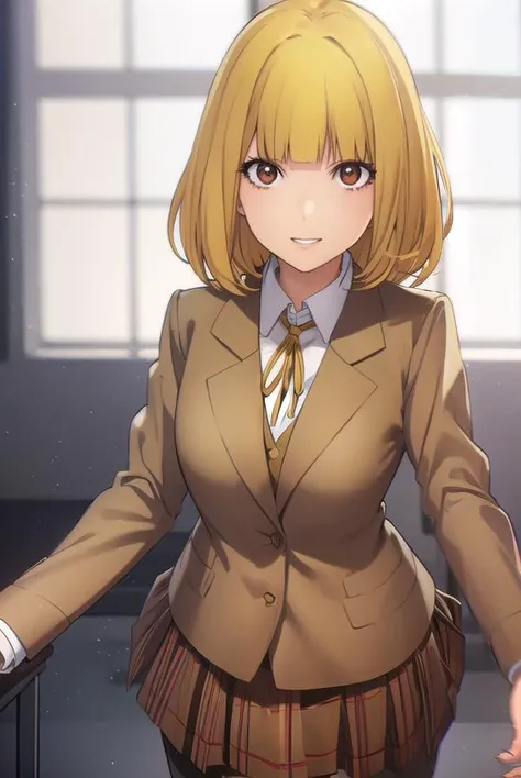 hanamidorikawa, <lora:hana midorikawa s1-lora-nochekaiser:1>,
hana midorikawa, short hair, bangs, (yellow hair:1.5), (brown eyes:1.5), blunt bangs, smile, grin,
BREAK skirt, school uniform, jacket, pantyhose, plaid, plaid skirt, blazer,
BREAK indoors, classroom, school,
BREAK looking at viewer, (cowboy shot:1.5),
BREAK <lyco:GoodHands-beta2:1>, (masterpiece:1.2), best quality, high resolution, unity 8k wallpaper, (illustration:0.8), (beautiful detailed eyes:1.6), extremely detailed face, perfect lighting, extremely detailed CG, (perfect hands, perfect anatomy),