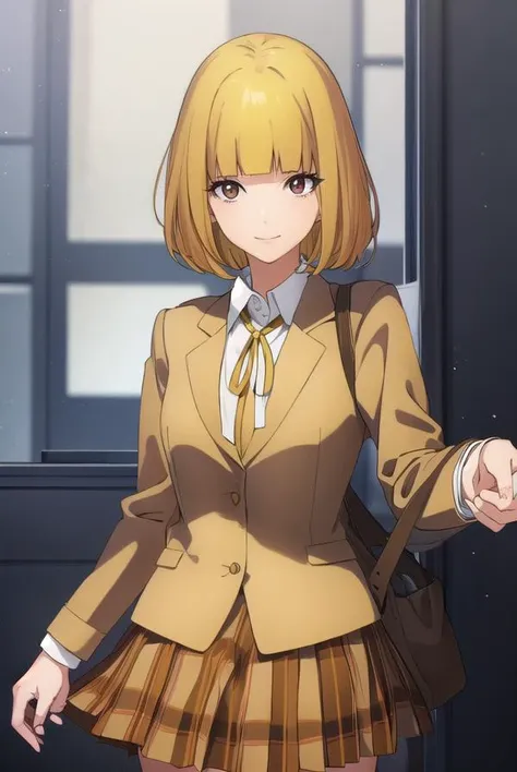 hanamidorikawa, <lora:hana midorikawa s1-lora-nochekaiser:1>,
hana midorikawa, short hair, bangs, (yellow hair:1.5), (brown eyes:1.5), blunt bangs, smile, grin,
BREAK skirt, school uniform, jacket, pantyhose, plaid, plaid skirt, blazer,
BREAK indoors, classroom, school,
BREAK looking at viewer, (cowboy shot:1.5),
BREAK <lyco:GoodHands-beta2:1>, (masterpiece:1.2), best quality, high resolution, unity 8k wallpaper, (illustration:0.8), (beautiful detailed eyes:1.6), extremely detailed face, perfect lighting, extremely detailed CG, (perfect hands, perfect anatomy),