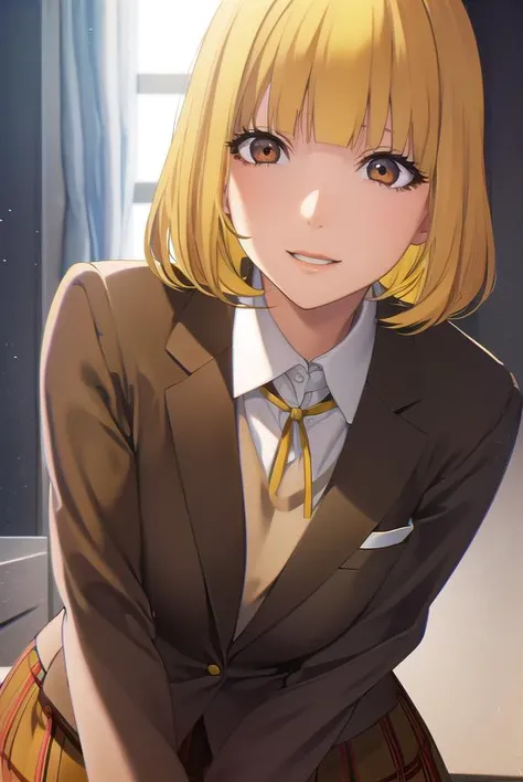 hanamidorikawa, <lora:hana midorikawa s1-lora-nochekaiser:1>,
hana midorikawa, short hair, bangs, (yellow hair:1.5), (brown eyes:1.5), blunt bangs, smile, grin,
BREAK skirt, school uniform, jacket, pantyhose, plaid, plaid skirt, blazer,
BREAK indoors, classroom, school,
BREAK looking at viewer, (cowboy shot:1.5),
BREAK <lyco:GoodHands-beta2:1>, (masterpiece:1.2), best quality, high resolution, unity 8k wallpaper, (illustration:0.8), (beautiful detailed eyes:1.6), extremely detailed face, perfect lighting, extremely detailed CG, (perfect hands, perfect anatomy),