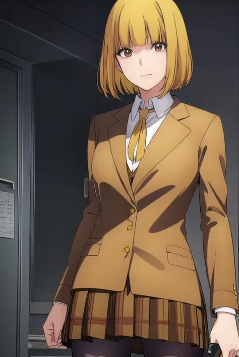 hanamidorikawa, <lora:hana midorikawa s1-lora-nochekaiser:1>,
hana midorikawa, short hair, bangs, (yellow hair:1.5), (brown eyes:1.5), blunt bangs, smile, grin,
BREAK skirt, school uniform, jacket, pantyhose, plaid, plaid skirt, blazer,
BREAK indoors, classroom, school,
BREAK looking at viewer, (cowboy shot:1.5),
BREAK <lyco:GoodHands-beta2:1>, (masterpiece:1.2), best quality, high resolution, unity 8k wallpaper, (illustration:0.8), (beautiful detailed eyes:1.6), extremely detailed face, perfect lighting, extremely detailed CG, (perfect hands, perfect anatomy),