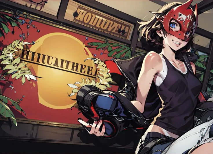 ((best quality)), ((highly detailed)), masterpiece, absurdres, extremely detailed face, beautiful face, (detailed eyes, deep eyes), <lora:more_details:.2>, (1girl), (glasses), dynamic pose, full body, tan tomboy, short hair, ((tan skin)), tanlines, athletic, abs, grin, tank top, sweat pants, sneakers, (indoors, at a living room), <lora:Persona5Cruncher:.9>, PersonaCruncher, mask, upper body, solo