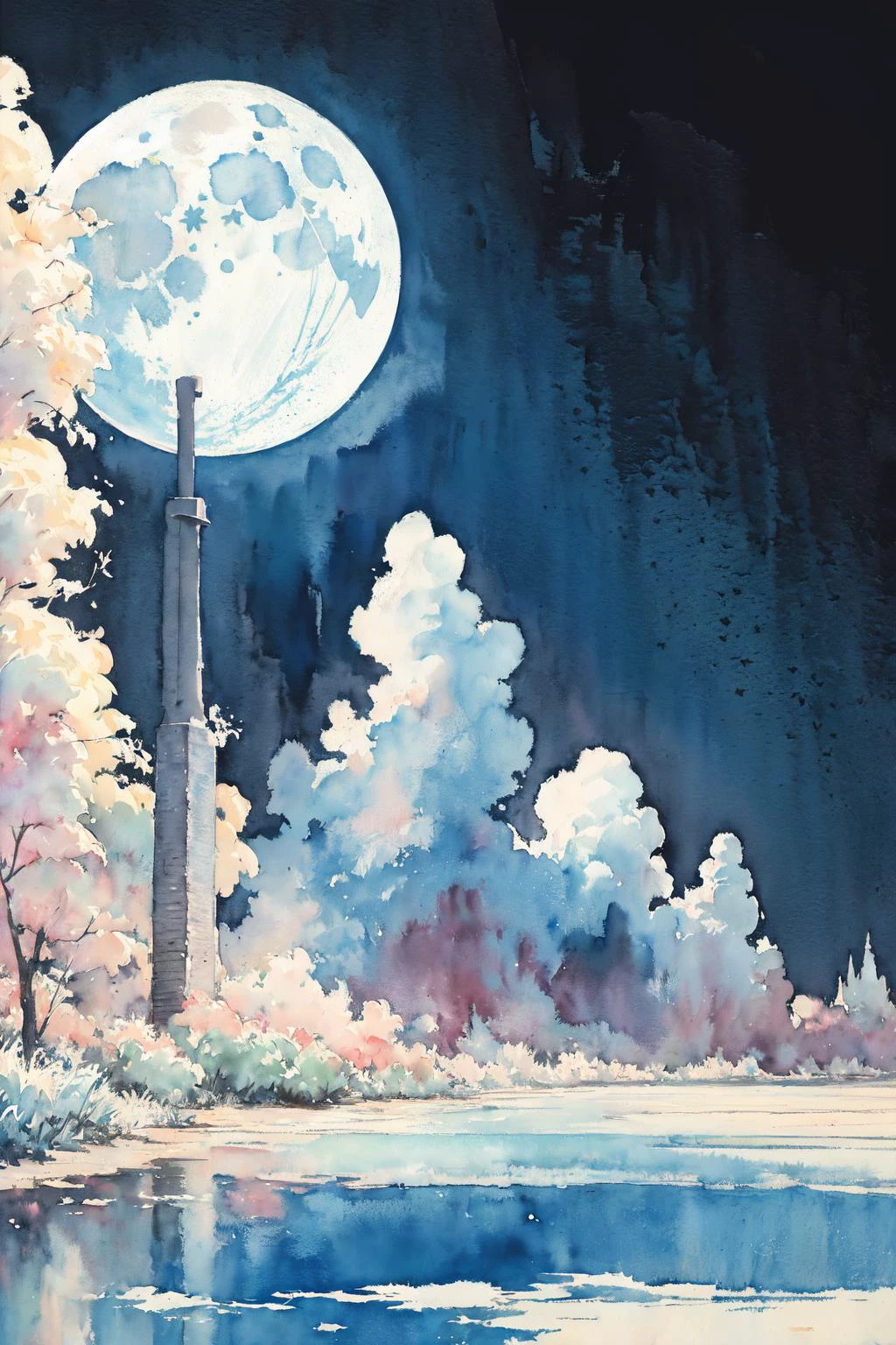 (moist paper,deep watercolor style,comfort,pastel painting illustration,concise,watercolor rendering,natural rendering,pigments mix naturally:1.3),
(black theme,night sky theme,:1.3),(moon:1.3),
<lora:petrification_chrome_v10:1>