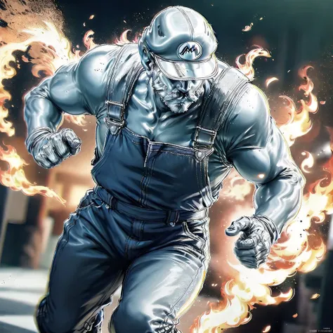masterpiece, best quality, solo, realistic, ray tracing, realistic, official wallpaper,
mario, overalls, cap, mustache, gloves, shirt, holding glowing star, mario \(series\),
running, serious, manly, incoming attack, fire background,
<lora:petrification_TIR_telr0_22222_8:1.5>petrification, brilliant, shiny silver body,
motion blur, motion lines, monochrome, <lora:CENSORED:1.5>identity censor, <lora:chromatic_aberration_narrow_v10:1>