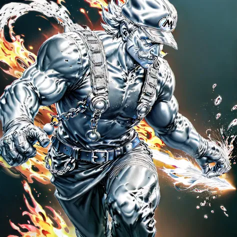 masterpiece, best quality, solo, realistic, ray tracing, realistic, official wallpaper,
mario, overalls, cap, mustache, gloves, shirt, holding glowing star, mario \(series\),
running, serious, manly, incoming attack, fire background,
<lora:petrification_TIR_telr0_22222_8:2>petrification, brilliant, shiny silver body,
motion blur, motion lines, monochrome, <lora:CENSORED:1.5>identity censor, <lora:chromatic_aberration_narrow_v10:1>