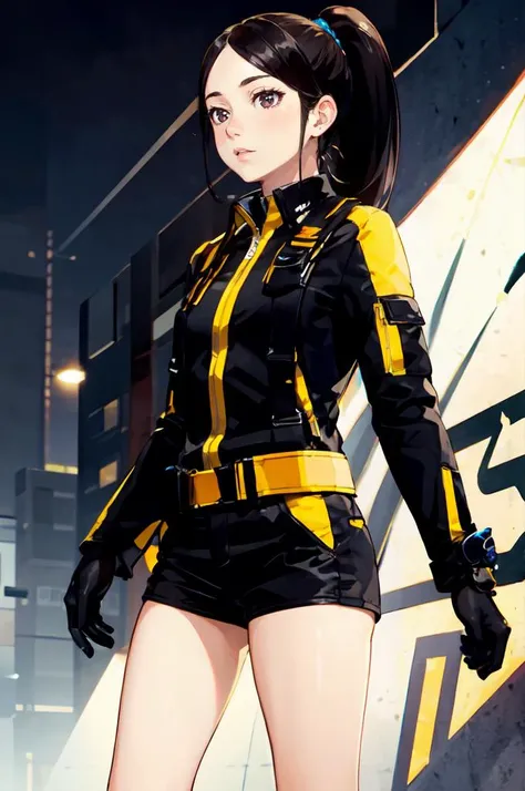 ultra detailed, masterpiece, best quality, solo, cowboy shot,
<lora:YokoUsami:0.7> YOKOUSAMI, black gloves,wristwatch,black eyes,short shorts,black shorts, boots, gloves, ponytail,jacket,shorts, black hair,long hair, brown eyes,