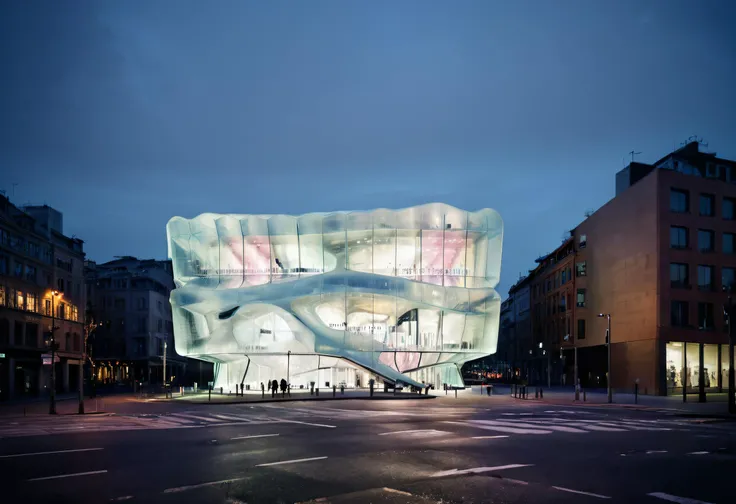 RAW photo, architecture photography, <lora:FormFinder-XL_v2:0.68>, future minimal museum in Bilbao,
designed by BIG,
made of pastel-colored glass,
form inspired by biomorphic architecture,
night shot
white sky, diffused light, ((blind facade)), long exposure, super realistic, 8k, professional photography <lora:xl_more_art-full_v1:0.8> <lora:epi_noiseoffset2:5>