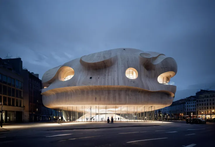 RAW photo, architecture photography, <lora:FormFinder-XL_v2:0.68>, future minimal museum in Bilbao,
designed by SANAA,
made of pale wood,
form inspired by blob architecture,
night shot
white sky, diffused light, ((blind facade)), long exposure, super realistic, 8k, professional photography <lora:xl_more_art-full_v1:0.8> <lora:epi_noiseoffset2:5>