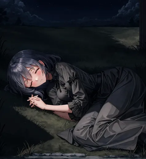 kasuya baian style, 1girl, calm expression, closed eyes, closed mouth, interlocked fingers, solo, (intricate:1.2), night theme, muted colors, moonlight, gothic fashion, hyperrealism best quality masterpiece 8k wallpaper ultra detailed <lora:KASUYA_BAIAN_V1-09:1.0> <lora:add_detail:0.4> <lora:everlastingNightmare_v10:0.85> <lora:LowRA:0.7>