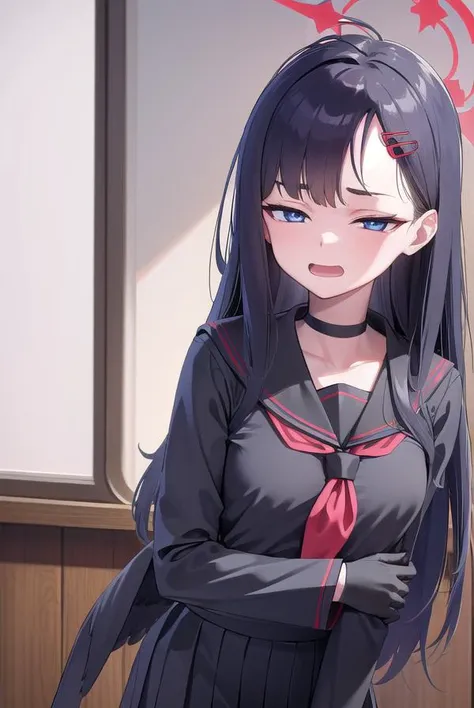 ichikanakamasa, <lyco:ichikanakamasa-lyco-nochekaiser:1>,
ichika nakamasa, ahoge, black hair, black wings, closed eyes, feathered wings, hair ornament, hairclip, halo, long hair, low wings, red halo, wings, <lora:hotarueye_hosome1_v100:1>, <lora:smirkingmouth_v100:1>, open mouth,
BREAK armband, black choker, black gloves, black sailor collar, black serafuku, black skirt, choker, gloves, long sleeves, neckerchief, pleated skirt, red neckerchief, safety pin, sailor collar, school uniform, serafuku, skirt,
BREAK looking at viewer, upper body, full body,
BREAK indoors, classroom,
BREAK <lyco:GoodHands-beta2:1>, (masterpiece:1.2), best quality, high resolution, unity 8k wallpaper, (illustration:0.8), (beautiful detailed eyes:1.6), extremely detailed face, perfect lighting, extremely detailed CG, (perfect hands, perfect anatomy),
