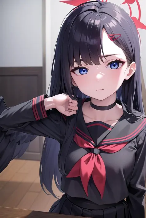 ichikanakamasa, <lyco:ichikanakamasa-lyco-nochekaiser:1>,
ichika nakamasa, ahoge, black hair, black wings, closed eyes, feathered wings, hair ornament, hairclip, halo, long hair, low wings, red halo, wings,
BREAK armband, black choker, black gloves, black sailor collar, black serafuku, black skirt, choker, gloves, long sleeves, neckerchief, pleated skirt, red neckerchief, safety pin, sailor collar, school uniform, serafuku, skirt,
BREAK looking at viewer, upper body, full body,
BREAK indoors, classroom,
BREAK <lyco:GoodHands-beta2:1>, (masterpiece:1.2), best quality, high resolution, unity 8k wallpaper, (illustration:0.8), (beautiful detailed eyes:1.6), extremely detailed face, perfect lighting, extremely detailed CG, (perfect hands, perfect anatomy),