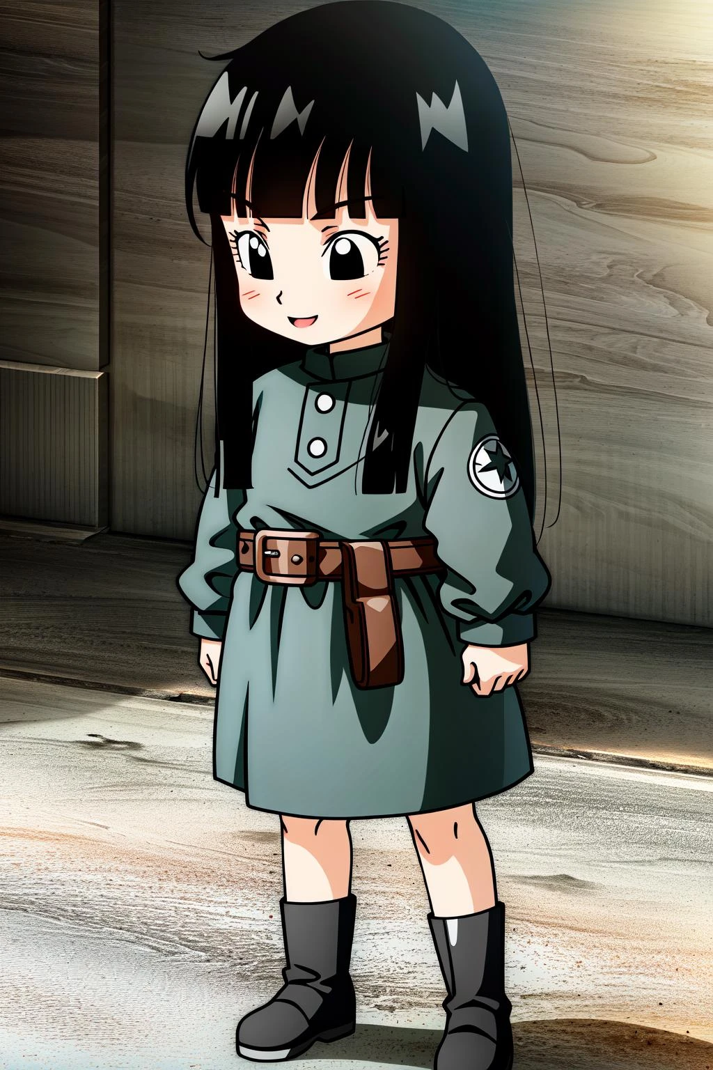 <lora:OGT_Mai_DBZ-v1:0.9> (extremely detailed CG unity 4k wallpaper),(masterpiece),(best quality),(ultra-detailed),(best illustration),(best shadow),(absurdres),(detailed background), Mai, 1girl, solo, black hair, black eyes, boots, dress, smile, long hair, child, belt, female , full body