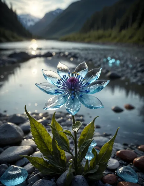 Cinematic still of a few beautiful pale blue glass flowers made out of glass in an Alaska River. Shallow depth of field, vignette, highly detailed, high budget, bokeh, Cinemascope, moody, epic, gorgeous, film grain, grainy, glasss shards, cracken glass, ,glass shards,shards Made_of_pieces_broken_glass  light particles,   focus on a flower, enhanced