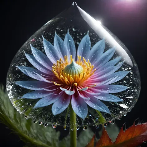 macro photo, sparkling magical fantasy glass flower dewdrop, very detailed, amazing quality, intricate, cinematic light, highly detail, beautiful, surreal, dramatic, galaxy fantasy colors,