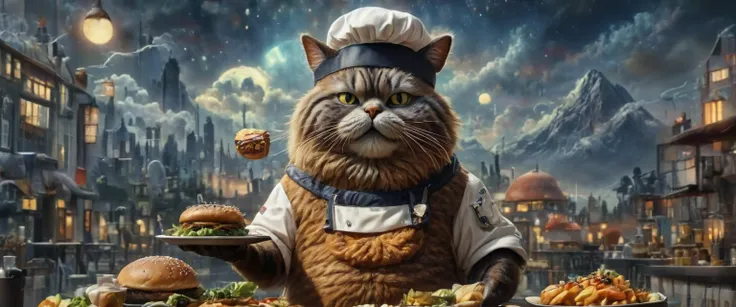 macro photography, a fat cat wearing chef clothes, and cooking a burger infront of his restaurant, aesthetic product photography,  natural light, close-up hand, super details, high quality, High-definition, product commercial photography, clear, Fuji camera telephoto lens, enhance, betterment