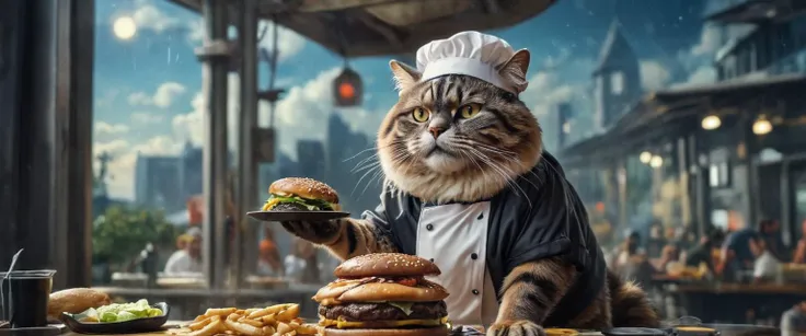 macro photography, a fat cat wearing chef clothes, and cooking a burger infront of his restaurant, aesthetic product photography,  natural light, close-up hand, super details, high quality, High-definition, product commercial photography, clear, Fuji camera telephoto lens