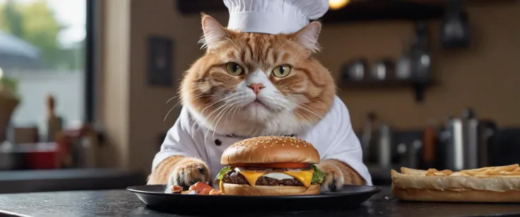 macro photography, a fat cat wearing chef clothes, and cooking a burger infront of his restaurant, aesthetic product photography,  natural light, close-up hand, super details, high quality, High-definition, product commercial photography, clear, Fuji camera telephoto lens