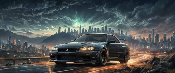 Nissan Skyline R34, a spectral presence on the expressway, its headlights slicing through the night, surrounded by the shadowy outlines of the city, the scene bathed in an aura of mystery and speed