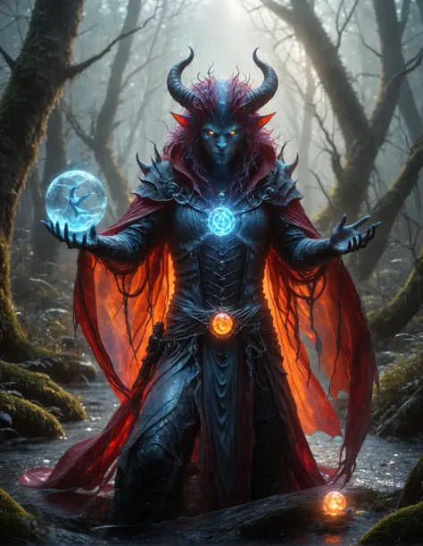 long exposure shot, transparent sculpture of A Tiefling demon in a long cape with sparkling eyes holding a magic sphere, focus on a demon, glass,crack,broken glass,red, amber, cold blue colors, electric waves, magic atmosphere, perfectly drawing hands, at the night magic forest, dynamic pose