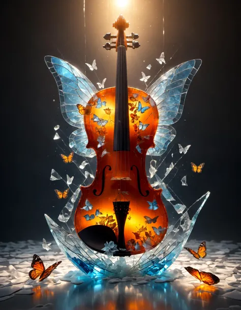 Made of pieces broken glass transparent sculpture,violin, focus on a violine, butterflies, glass,crack,broken glass,amber light