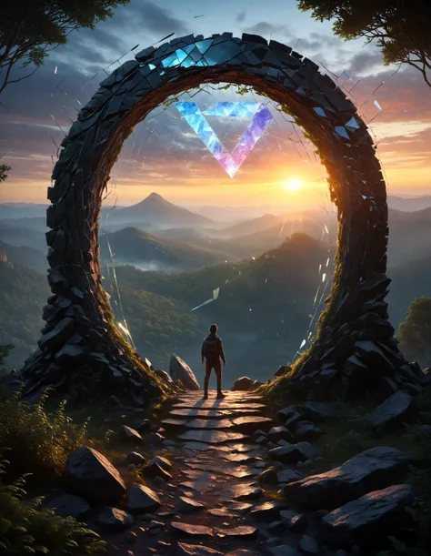 epic insane detailed photo Early morning, sunrise, a picturesque fairy-tale area, a portal to another world standing on a hilltop framed by shards of broken glass, focus on the portal. Through the portal, you can see a dark night forest and a man walking away into the distance