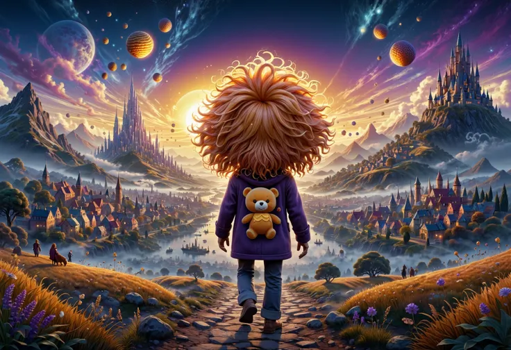 breathtaking ethereal fantasy concept art of  by Wes Wilson, 3D Rendering, Oil painting, plush toy of a Shabby stout Husband, Walking towards camera, Honey hair, Very wide view, Lustful, Sunlight, Depth of field 100mm, Double Exposure, full of deep purple, intricate detailed face, sharp, A beautiful oil painting depicts a charming scene of a Shabby Stout Husband walking towards the camera. The artist has employed a 3D rendering technique, giving the piece a modern twist while still maintaining its traditional roots. The subject is a plush toy with vibrant honey-colored hair, which adds warmth to the overall composition. The depth of field at 100mm creates a sense of depth and perspective in the artwork. A double exposure effect adds an interesting layer to the image. The background features a full view of a bustling cityscape under a bright sunlit sky, further enhancing the visual appeal . magnificent, celestial, ethereal, painterly, epic, majestic, magical, fantasy art, cover art, dreamy . award-winning, professional, highly detailed