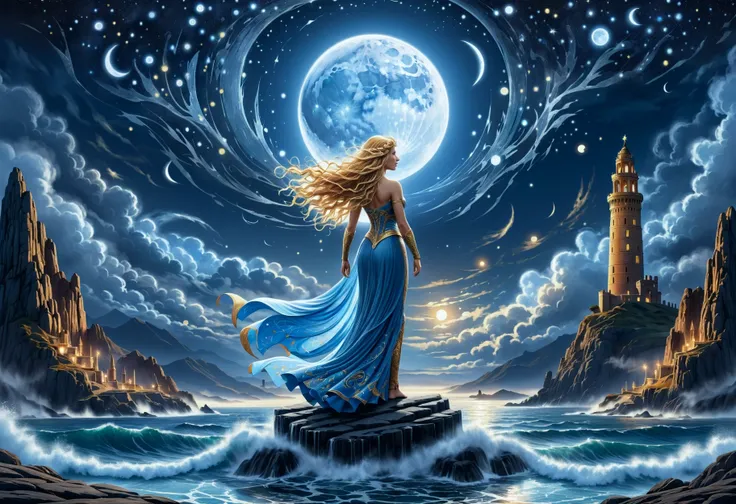 breathtaking ethereal fantasy concept art of  stylized by Fernand Khnopff, Color splash, 3D Rendering, embossing of an in Norse Mahotella, stout Sister, Unconventional, her hair is Light, Tower of Hercules in background, Moon in the night, ultrafine detailed, intricate, close-up, A majestic Norse goddess stands tall against a backdrop of a moonlit sky. The artist has skillfully employed color splashes and 3D rendering techniques to create a captivating scene. The goddess's attire is embossed, showcasing her regal status. The artist has paid special attention to detail, particularly in her light-colored hair and her towering presence. The Tower of Hercules can be seen in the distance, adding depth to the image. This artwork is truly a masterpiece, filled with intricate details that demand closer inspection. . magnificent, celestial, ethereal, painterly, epic, majestic, magical, fantasy art, cover art, dreamy . award-winning, professional, highly detailed