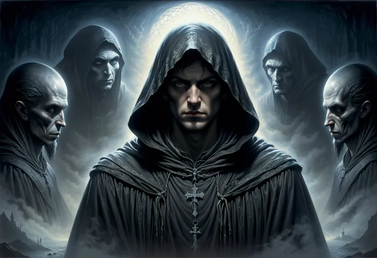 horror-themed surrealist art painting, fairy tale, Wet rotund traditional Croatian Brother, Hooded figure, chin of Despair, Proud, back-light, Colorless, In a darkened room, a traditional Croatian Brother stands in the background, his chin resting on his hand as he gazes into the distance. He is dressed in a hooded cloak, adding an air of mystery to his persona. A colorless assistant stands beside him, their face hidden in shadow. The room is illuminated only by a single light source positioned behind the Brothers head, casting long shadows and creating an atmosphere of solemnity. Despite the absence of vibrant colors in the scene, one can sense the rich history and cultural significance of the painting. It's a fairy tale come to . dreamlike, mysterious, provocative, symbolic, intricate, detailed . eerie, unsettling, dark, spooky, suspenseful, grim, highly detailed