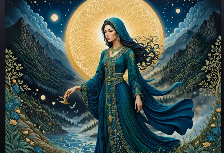 breathtaking ethereal fantasy concept art of  stylized by Audrey Kawasaki, relief art, detailed On pale black paper, dramatic Painting of a Holy Persian (Aunt:1.1) Hunting, the Aunt is wearing a Royal Blue, Emerald Green and Gold Formal gown that was forged by Louis Vuitton, It is very Graceful, Bathed in shadows, 50mm, professional, saintly, Audrey Kawasaki's stylized relief art. The painting portrays a majestic scene of a Holy Persian (Aunt), dressed in a royal blue formal gown adorned with emerald green and gold accents. The artist has skillfully used light and shadow to create depth and dimension in the piece. This masterpiece is rendered on pale black paper, which contrasts beautifully with the vibrant colors of the artwork. The attention to detail in this painting is truly remarkable, making it a stunning piece of art to behold.  . magnificent, celestial, ethereal, painterly, epic, majestic, magical, fantasy art, cover art, dreamy . award-winning, professional, highly detailed