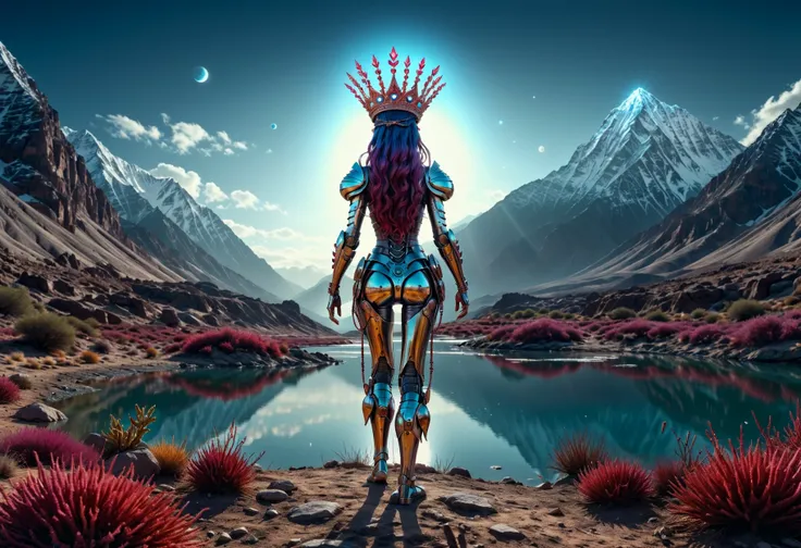 breathtaking ethereal fantasy concept art of (by Maruja Mallo:1.0) and M.C. Escher, Anime, Anaglyph, Cosplay Photograph of a Drab Bedouin (Parent:1.2) , the Parent is wearing a Crown, her Crown is electric color, It has marionberry patterns on it, vogue pose, she has a Robotic Legs, in focus, Hopeful, Bastardcore, Fujicolor Fujichrome Velvia 100, F/5, RTX, sci-fi, A Drab Bedouin, dressed in a vibrant crown adorned with maroon berries, stands confidently against a stark black background. The crown's electric hues contrast sharply with the darkness around. Her robotic legs gleam under the light, reflecting off their metallic surface. The anime style of the photograph adds a touch of whimsy to the scene. Despite the futuristic elements present in the photograph, such as the robotic limbs and anaglyph format, there's a sense of hopefulness permeating through the frame. The focus is sharp and clear, highlighting . magnificent, celestial, ethereal, painterly, epic, majestic, magical, fantasy art, cover art, dreamy . award-winning, professional, highly detailed