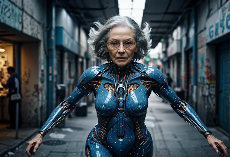 cybernetic style biomechanical style dynamic, spotlit, Samsung Galaxy, Intentional Camera Movement, Aggressive slender Grandma, Hypersaturated, The dynamic Samsung Galaxy is showcasing intentional camera movement in a hypersaturated scene featuring a spotlit aggressive slender grandma. The camera swiftly moves across the frame capturing the grandma's intense expression as she strides confidently towards the viewer. The background is blurred beyond recognition due to the camera's rapid motion, further emphasizing the grandma's presence in the foreground. The overall effect is one of energy and intensity, enhanced by the vibrant colors and sharp focus on the subject. This stunning image is a testament to the power of photography and the creative possibilities offered by . blend of organic and mechanical elements, futuristic, cybernetic, detailed, intricate . futuristic, technological, cybernetic enhancements, robotics, artificial intelligence themes