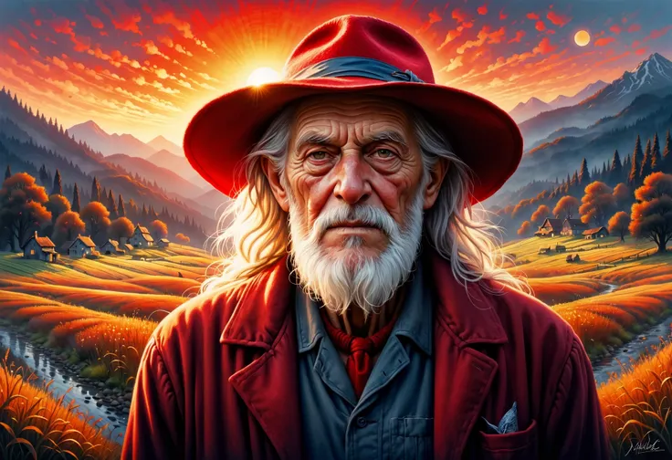 horror-themed surrealist art painting, well-built Hungarian Grandpa, he has a Great sun hat, at Dawn, Bokeh, (stylized by Ross Tran:0.8) , Cozy, Thriftcore, 64K, extremely beautiful, harmonious, The painting is a portrait of an elderly man who exudes warmth and wisdom. He is donned in a vibrant red shirt that contrasts beautifully with his matching red sun hat. The artist has skillfully used bokeh technique to create a blurred background, which further accentuates the subject. The overall composition of the artwork is cozy and inviting, reflecting the tranquil beauty of the countryside where it was painted. It's a perfect piece for those who appreciate art and nature.  . dreamlike, mysterious, provocative, symbolic, intricate, detailed . eerie, unsettling, dark, spooky, suspenseful, grim, highly detailed