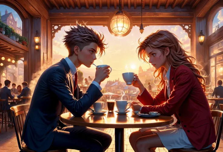 breathtaking ethereal fantasy concept art of  painting, Epic Sibling drinking coffee in a cafe, in suit, Chestnut hair styled as Short and spiky, at Dusk, Anime screencap, art by Greg Rutkowski, In this captivating anime screencap, two siblings are immersed in their own worlds over a cup of coffee. The older sibling is dressed in a sharp black suit and sports chestnut hair styled into short spikes, exuding an air of confidence and maturity. On the other hand, the younger sibling is casually dressed in a vibrant red shirt, reflecting youthful energy and playfulness. They are both seated at a cozy cafe during dusk, which adds a warm and inviting atmosphere to the scene. The painting-like style of the image enhances its visual appeal, . magnificent, celestial, ethereal, painterly, epic, majestic, magical, fantasy art, cover art, dreamy . award-winning, professional, highly detailed