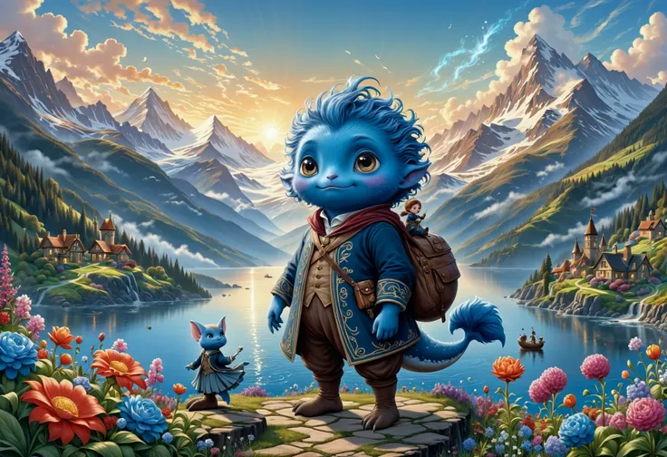 breathtaking ethereal fantasy concept art of  painting, Sharp focus of a Adorable overweight Victorian (Sibling:1.3) , blue creature-back riding, in Whale-style outfit, his hair is Brown, Sharingan Eyes, mountains and Pots with flowers background, Very wide view, (by Beatrix Potter:1.0) , Ultrarealistic, Awe, intricate background, natural lighting, L USM, intricate details, elaborate, The image captures a charming scene featuring a delightful character from a beloved children's book series. The character, who appears to be a Blue Creature with distinctive Sharp Focus eyes and brown hair, is dressed in a whimsical Victorian-inspired outfit. He stands out against the backdrop of a serene mountain landscape dotted with pots filled with vibrant flowers. The overall composition of the painting exudes a sense of awe and wonder, thanks to its intricate details and elaborate background. The use of natural lighting adds depth and warmth to the scene, while the LUSM technique used in creating . magnificent, celestial, ethereal, painterly, epic, majestic, magical, fantasy art, cover art, dreamy . award-winning, professional, highly detailed