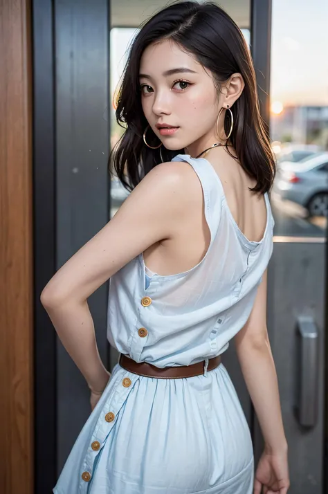 (masterpiece:1.3), high resolution, ultra detailed, extremely detailed CG unity 8k wallpaper, realistic, photo-realistic, RAW photo, beautiful detailed face, pale skin, realistic glistening skin, detailed cloth texture, detailed hair texture, Perfect Style, Beautiful Face, accurate, Anatomically correct, Highly detailed face and skin texture, natural neck length, BREAK Detailed eyes, symmetric eyes, Brown eyes, Double eyelids, Thin eyebrows, (Sexy Lips:1.3), BREAK, ((Innocent and Cute girl:1.3)), ((wearing a sleeveless Light-blue Button shirt dress :1.4)), (beautiful clavicle), (cross strap shoes), shiny small (necklace, bracelet), ((large hoop earrings:1.2)), (ring belt:1.2), (hobo bag over shoulder:1.3), Layered Hairstyle, Dark-brown hair, wavy hair, medium long hair, (ashamed smile:1.1), (wet eyes, shiny eyes), (medium large breasts, firm breast, nicely shaped breasts:1.1), BREAK, ((Standing in front of the bus door of Japan style:1.2)), ((looking back at viewer:1.3)), BREAK, ((Upper body shot:1.2)), (face Focus:1.2), (from behind:1.1), (background of beautiful sunset shines:1.4)