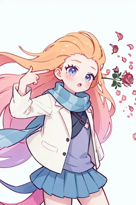 masterpiece,best quality,
,zoe,zuoyi, 1girl,long hair,very long hair,blue and purple eyes,orange hair, (pink and purple hair:0.7),(multicolored hair:0.7), forehead,, blue skirt, scarf,
finger gun, rose, petals,simple background,