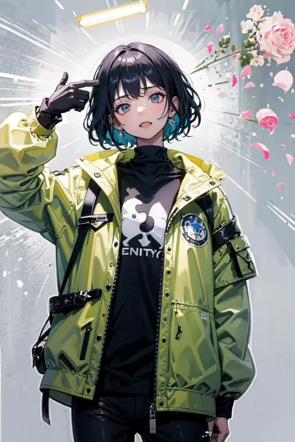 (extremely detailed CG unity 16k wallpaper,best quality,extreme quality,masterpiece,ultra-detailed,:1.3), <lora:Gun2Head11:1> (g2h, gun to head, handgun, holding gun,:1), <lora:boom finger gun_v1:1> exploded petals