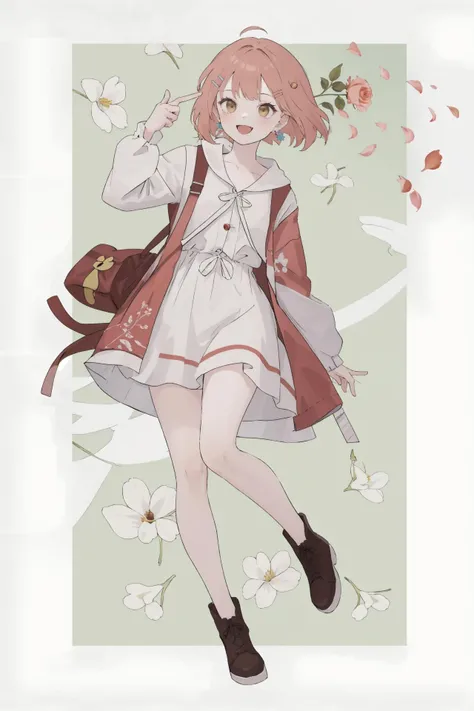 (best quality, masterpiece, highres),1girl,solo,chestnut mouth,hairclip,earrings,smile,floating hair,dynamic_angle,
<lora:boom finger gun_v1:1>,flower,finger gun,petal,full body,patterned background,