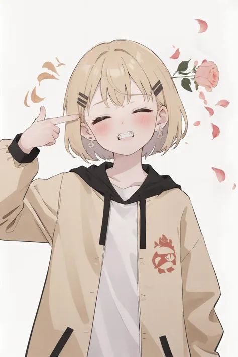 (best quality, masterpiece, highres),1girl,solo,short hair,beige hair,hairclip,earrings,closed eyes,clenched teeth,restrained,blush,
<lora:boom finger gun_v1:1>,flower,finger gun,petal,hand up,