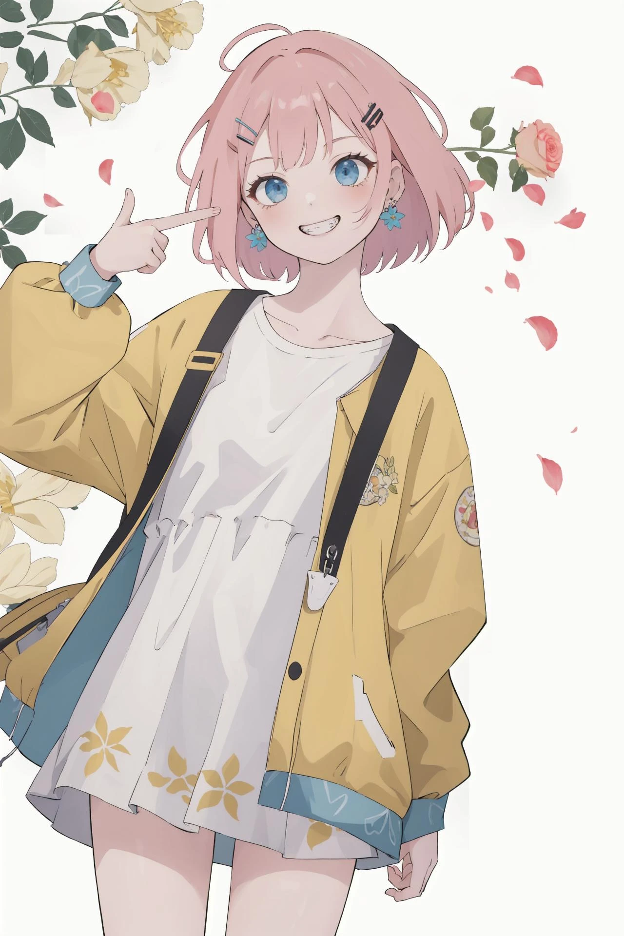 (best quality, masterpiece, highres),1girl,solo,grin,hairclip,earrings,floating hair,cowboy shot,dynamic_angle,
<lora:boom finger gun_v1:1>,flower,finger gun,petal,patterned background,