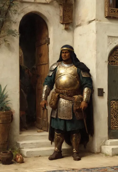 Orientalism painting by Theodore ralli, scene outside gates to sultan's palace, one grizzled exiled norse varangian wearing heavy bronze armor, chubby, solo, alone