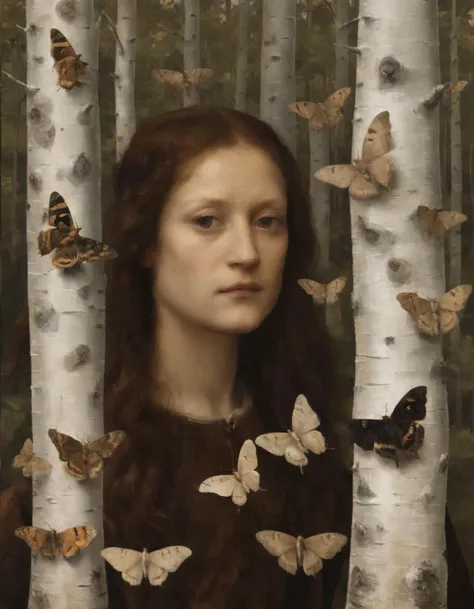 Moths in the shadow of birch trees with a portrait by Leonardo da Vinci, (deep shadows:0.5).