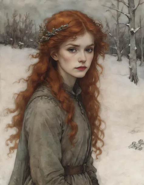 Portrait with a copper hair and halo in a field of snow by Arthur Rackham.