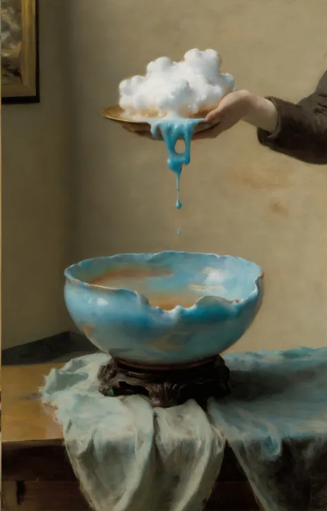 surrealism masterpiece, soft pastel-hued colors, a floating cloud dripping and melting into a bowl, high quality, by John Singer Sargent and Degas