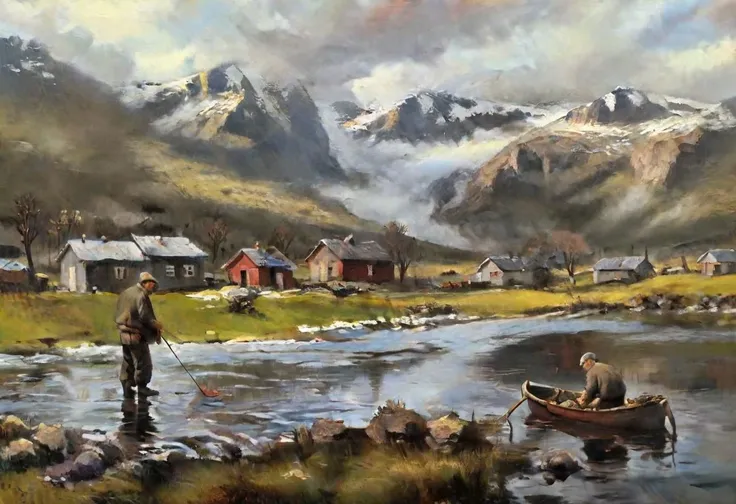 woodhouse nearby a lake, mountains, some animals,critters,some villagers,an old man is fishing,vegetation,snow cover, cloudy in Norway,(realism style art)),beautiful landscape, masterpiece, detailed oil paint, (oil on canvas style)